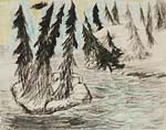 Spruces on a cliff surrounded by water