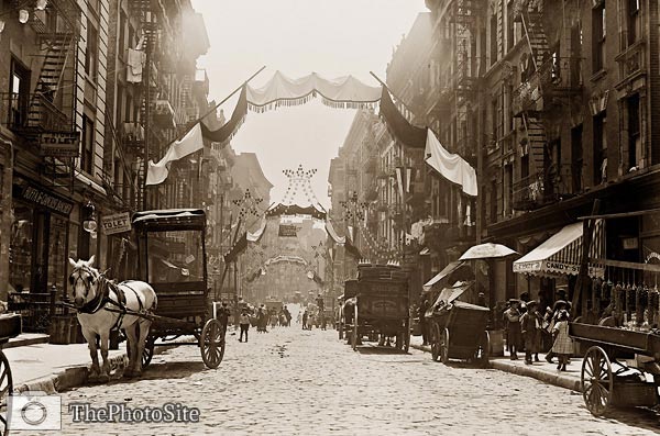 Mott Street decorated for religous feast, Brooklyn, New York - Click Image to Close