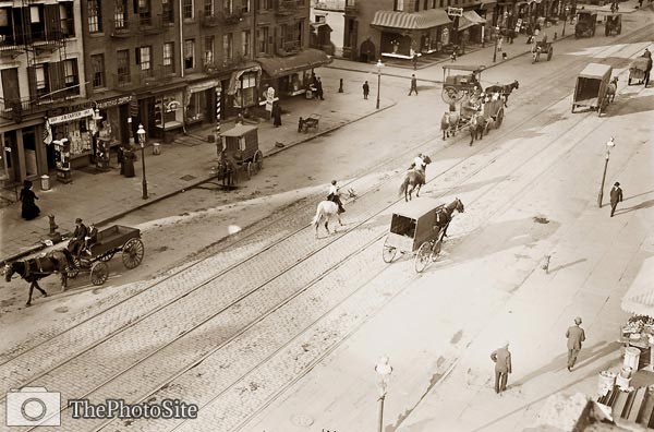 Train tracks, horse-drawn carts 11th Avenue New York City - Click Image to Close