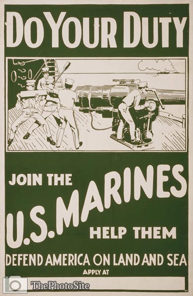 Join the U.S. Marines Defend America WWI Poster - Click Image to Close