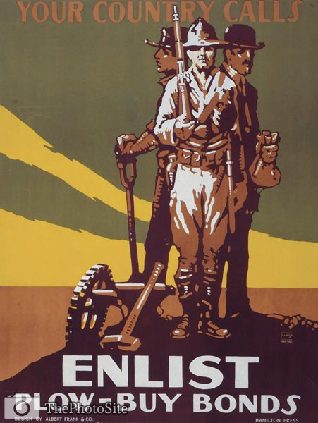Your country calls Enlist - Plow - buy bonds WWI Poster - Click Image to Close