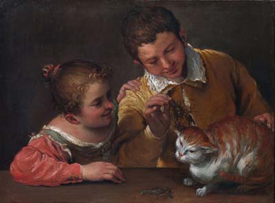 Two children teasing a cat
