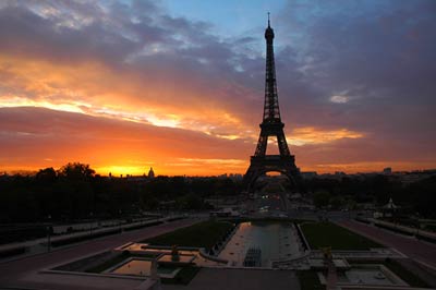 Orange Red Sun rise at Eiffel Tower, Paris