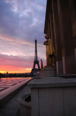 Eiffel Tower with statues right