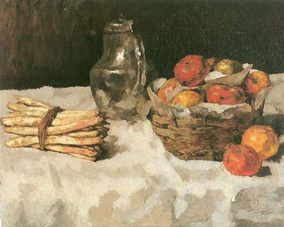 Apples on white with baskets, pewter and bunch of asparagus