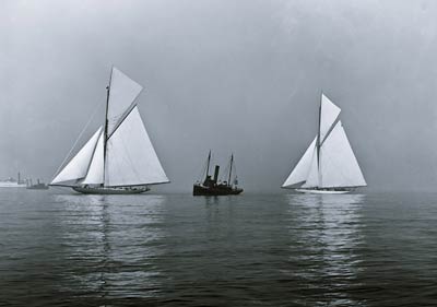 Shamrock I Yacht and Columbia, boats in fog